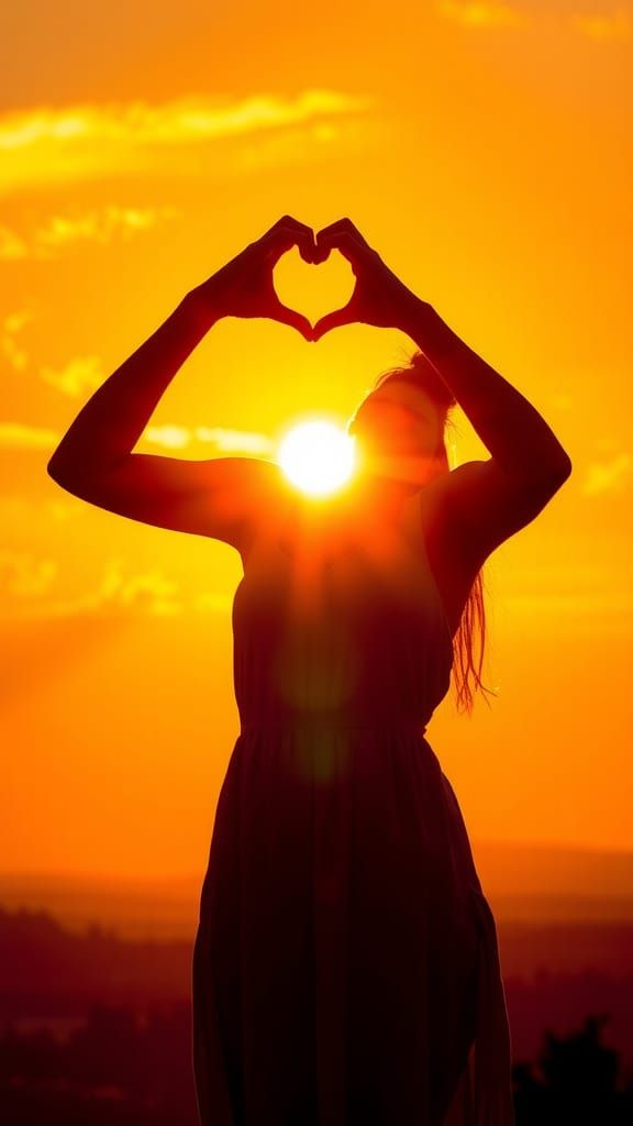 Silhouette Woman Heart Shape Sunset Backlit