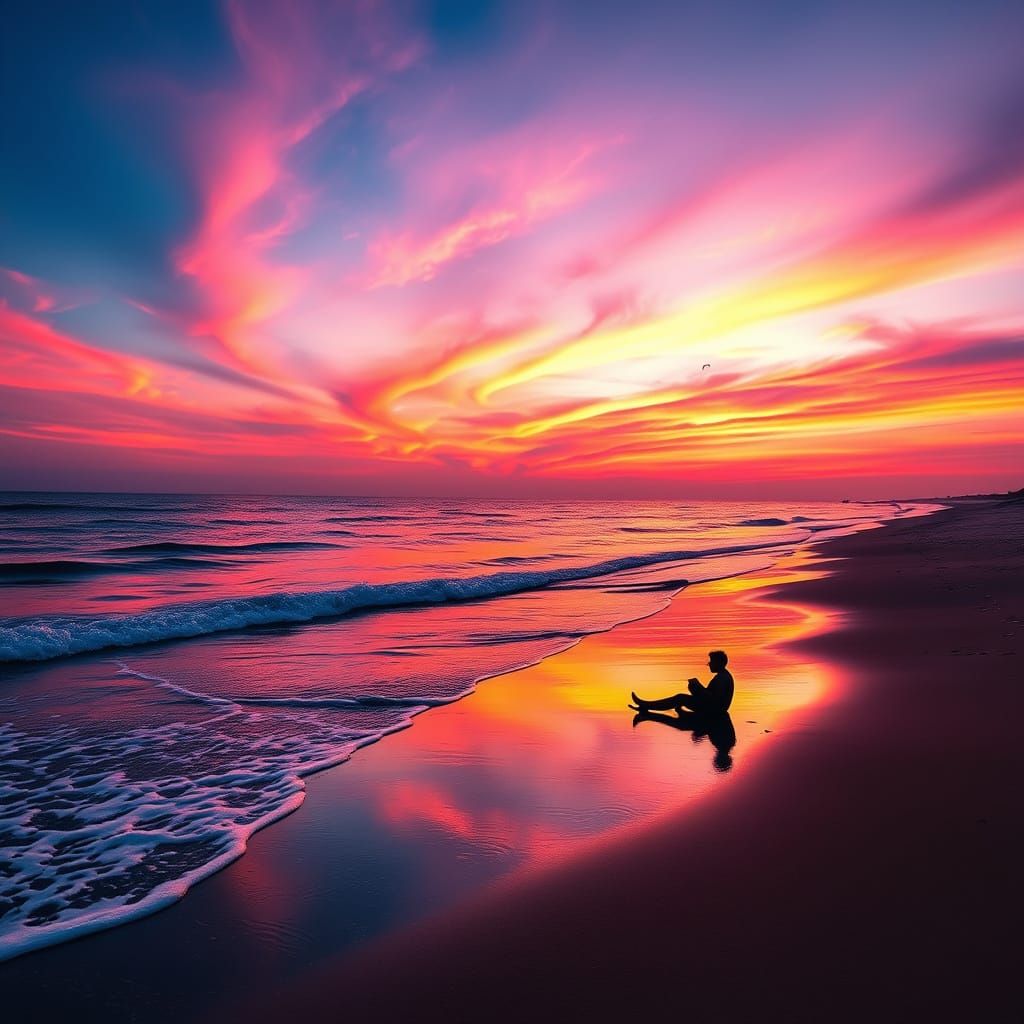 Serene Beach Sunset with Silhouette Relaxing