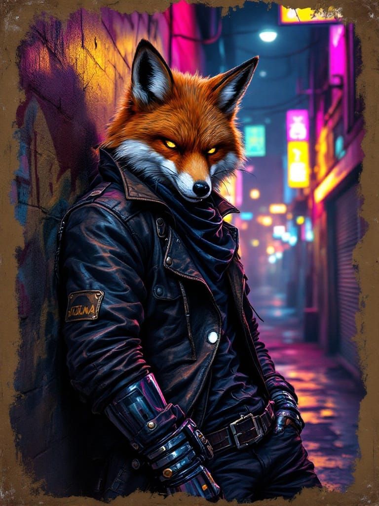Cyberpunk Fox in Gritty Alleyway