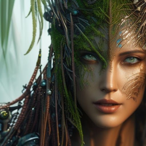 Android-Bot Portrait in Dystopian Steampunk Landscape