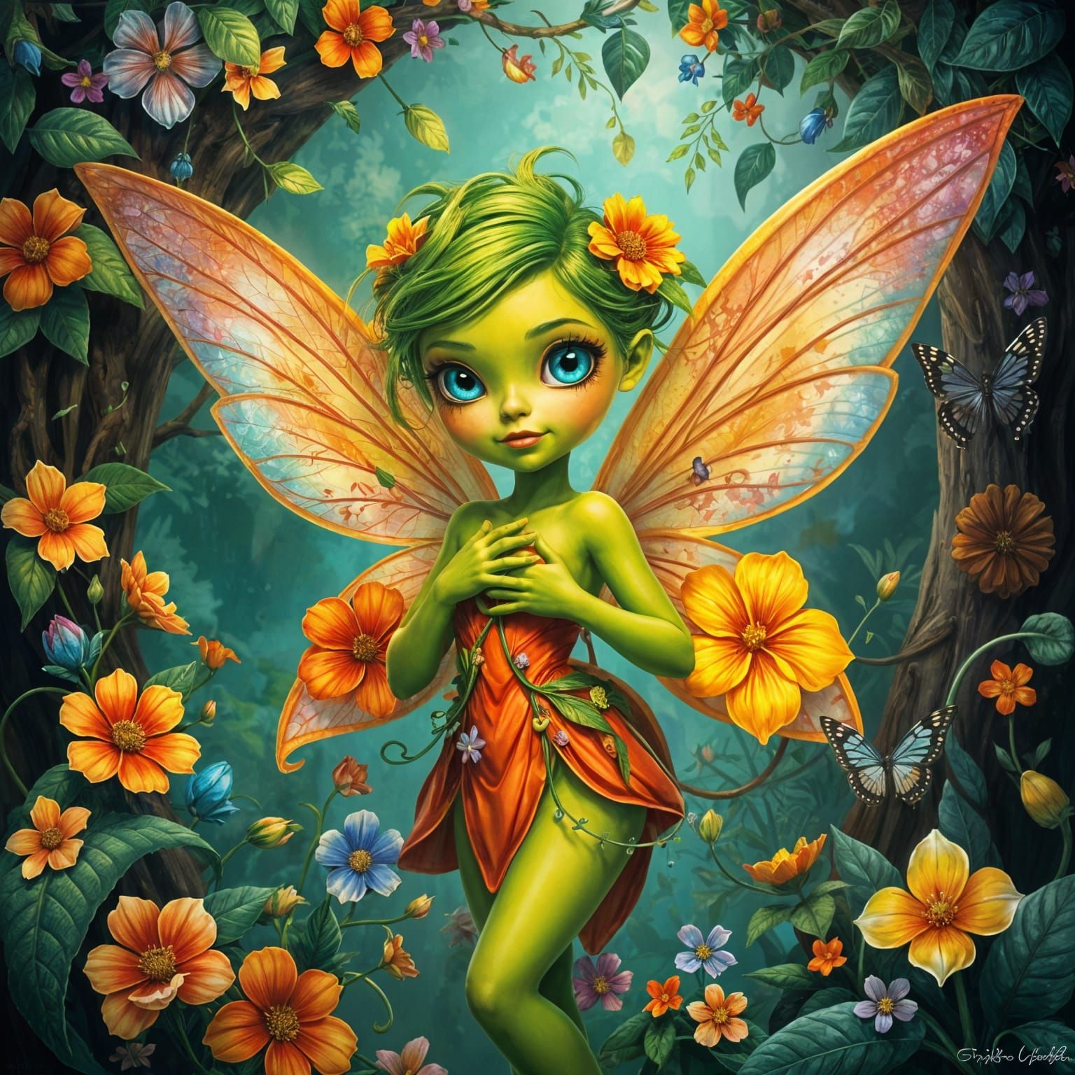 Whimsical Fairytale Fairy with Floral Accents in Vibrant Gre...