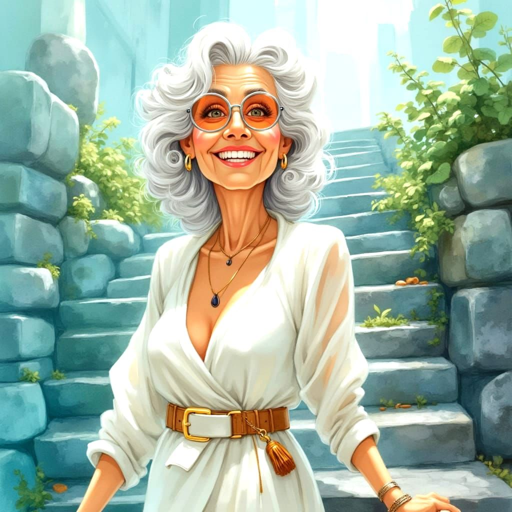 Whimsical Watercolor Portrait of a Young Woman on the Stairs