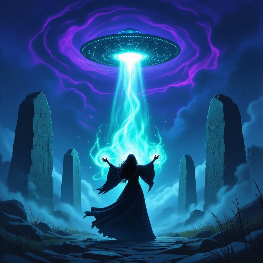 Witch Summons UFO Under Mystical Night Sky