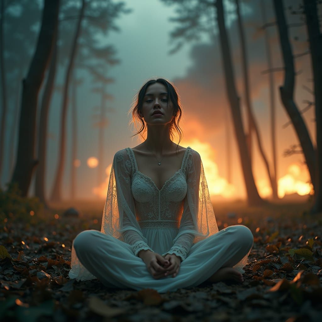 Serene Woman Meditating Amidst War in Ethereal Forest