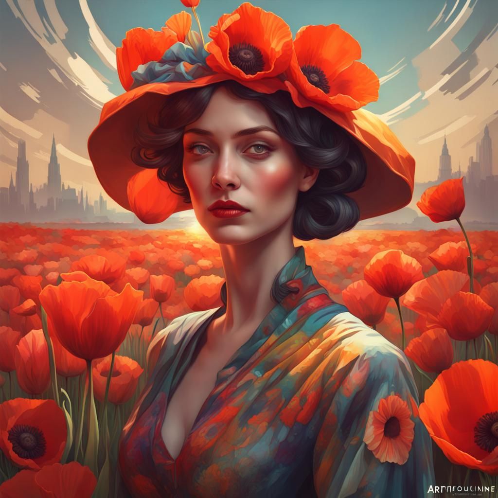 Woman in Vintage Dress with Flowers, Bauhaus Style