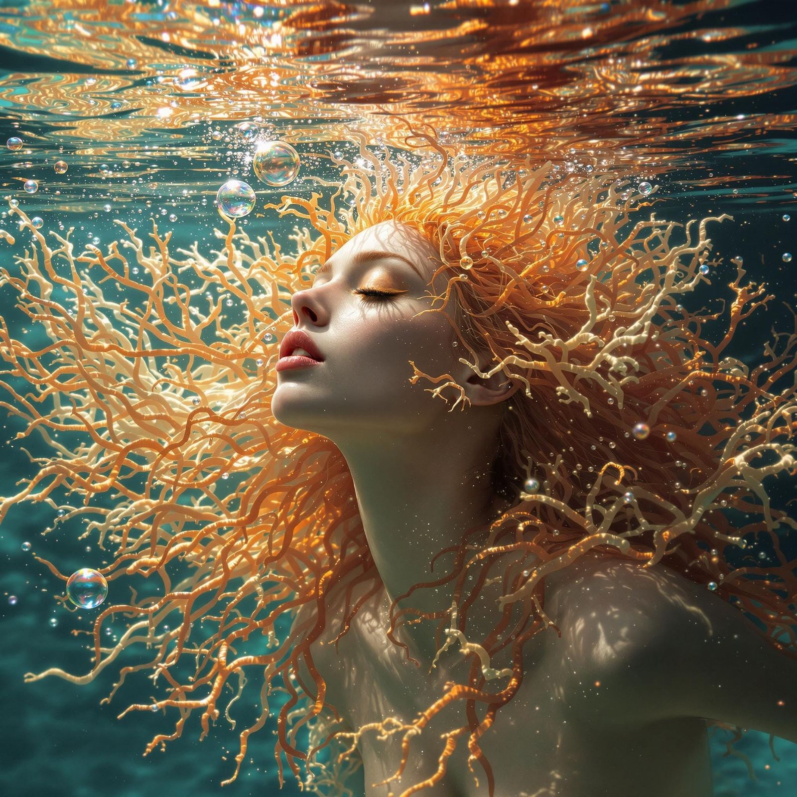 An ethereal underwater portrait of a young woman dressed as a magical aquatic creature.