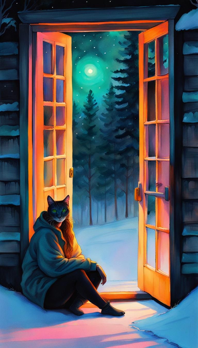 Ethereal Girl with Cat: a Neon Grunge Storybook