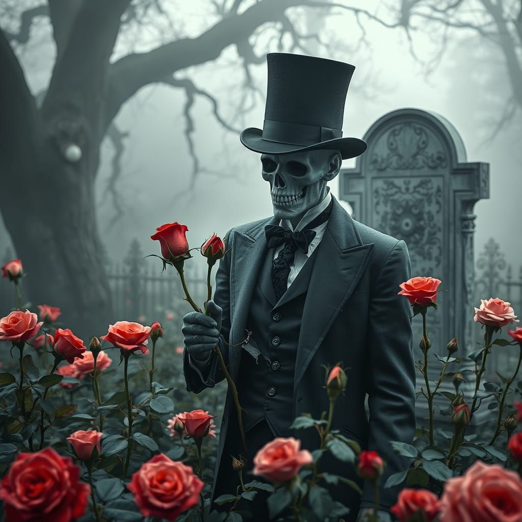 Ghostly Victorian Gentleman in Haunted Rose Garden