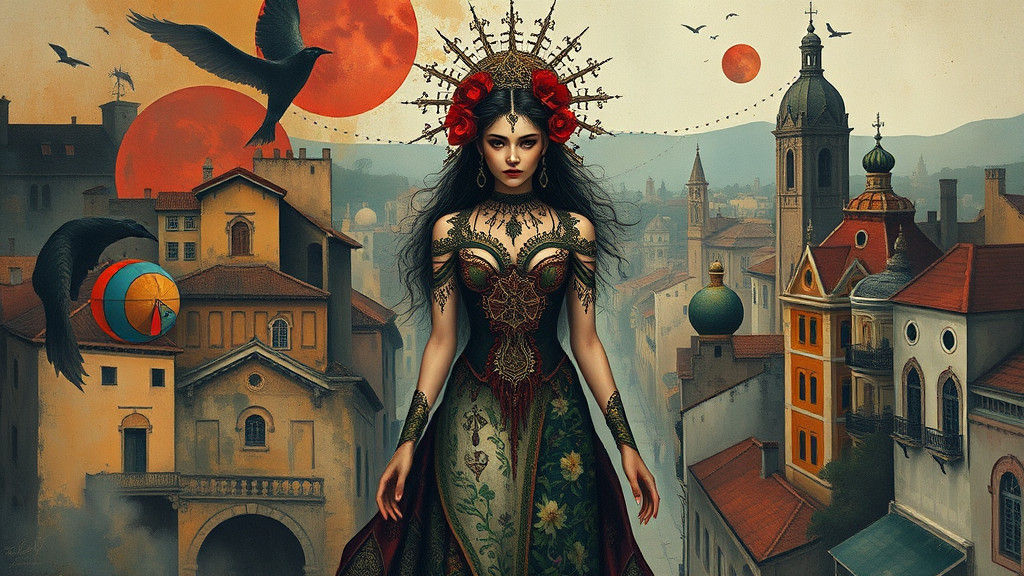 Mystical Latin Woman in Surrealist Cityscape