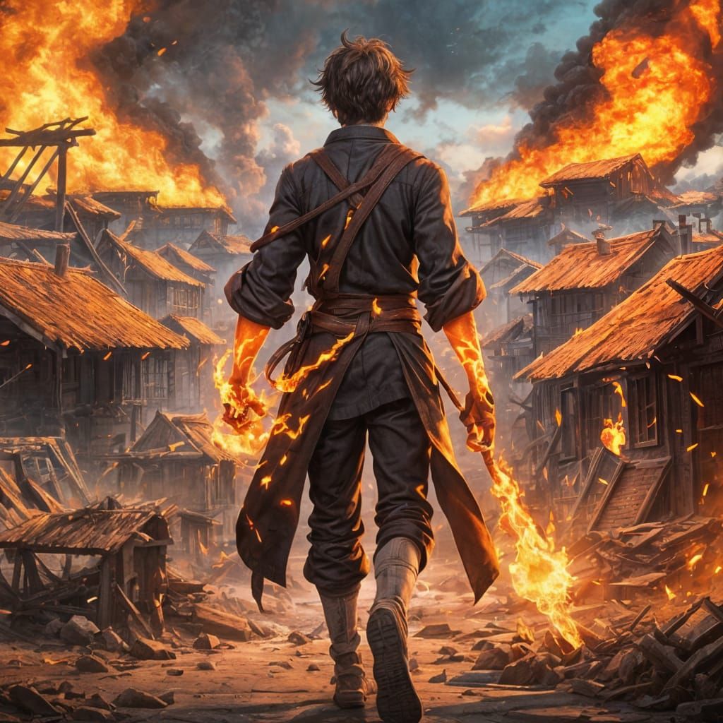 Anime Boy with Fire Powers Leaving Burning Village