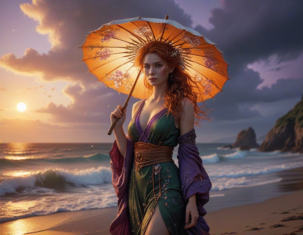 Redhead at Dusk with Parasol: Fantasy Matte Painting