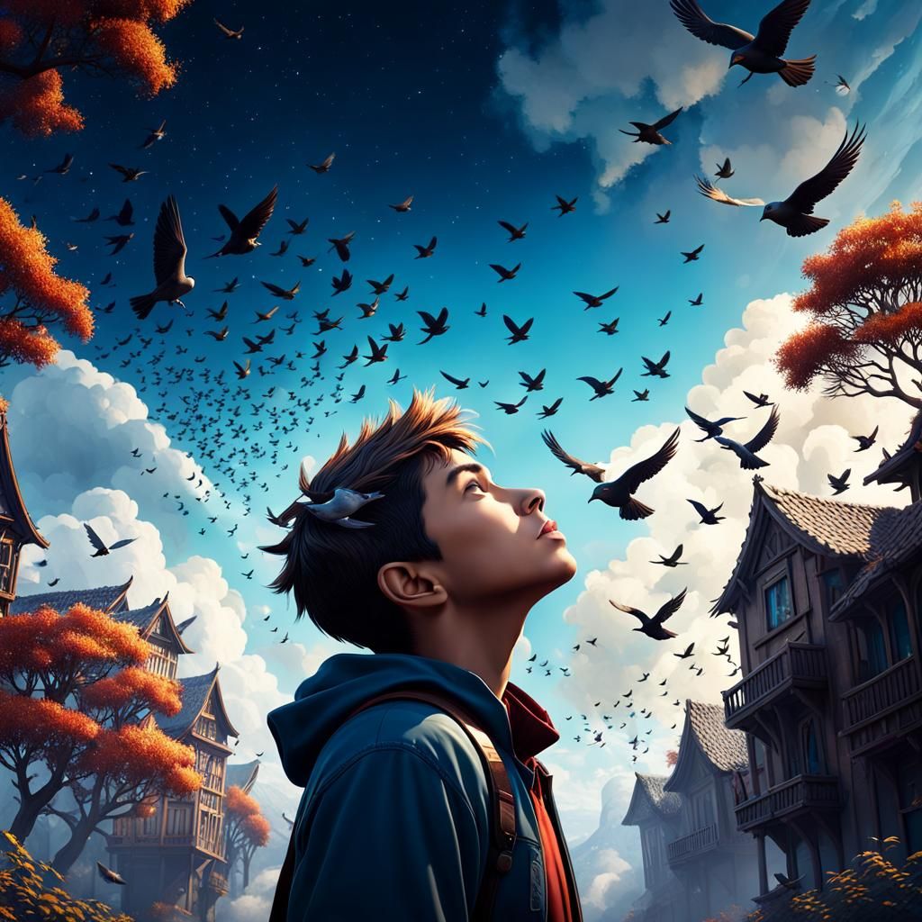 Boy Gazing at Birds: Fantasy Concept Art