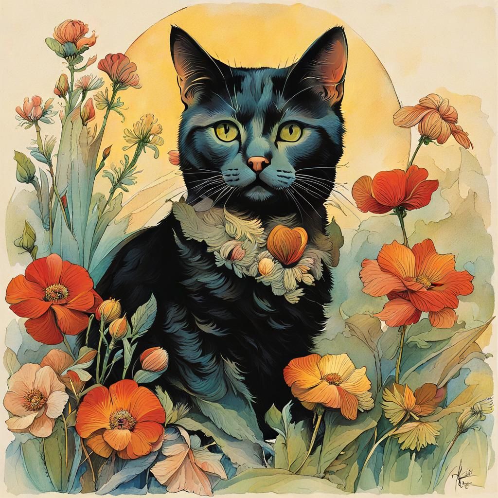 Cute Cat with Flowers in Symbolist Style