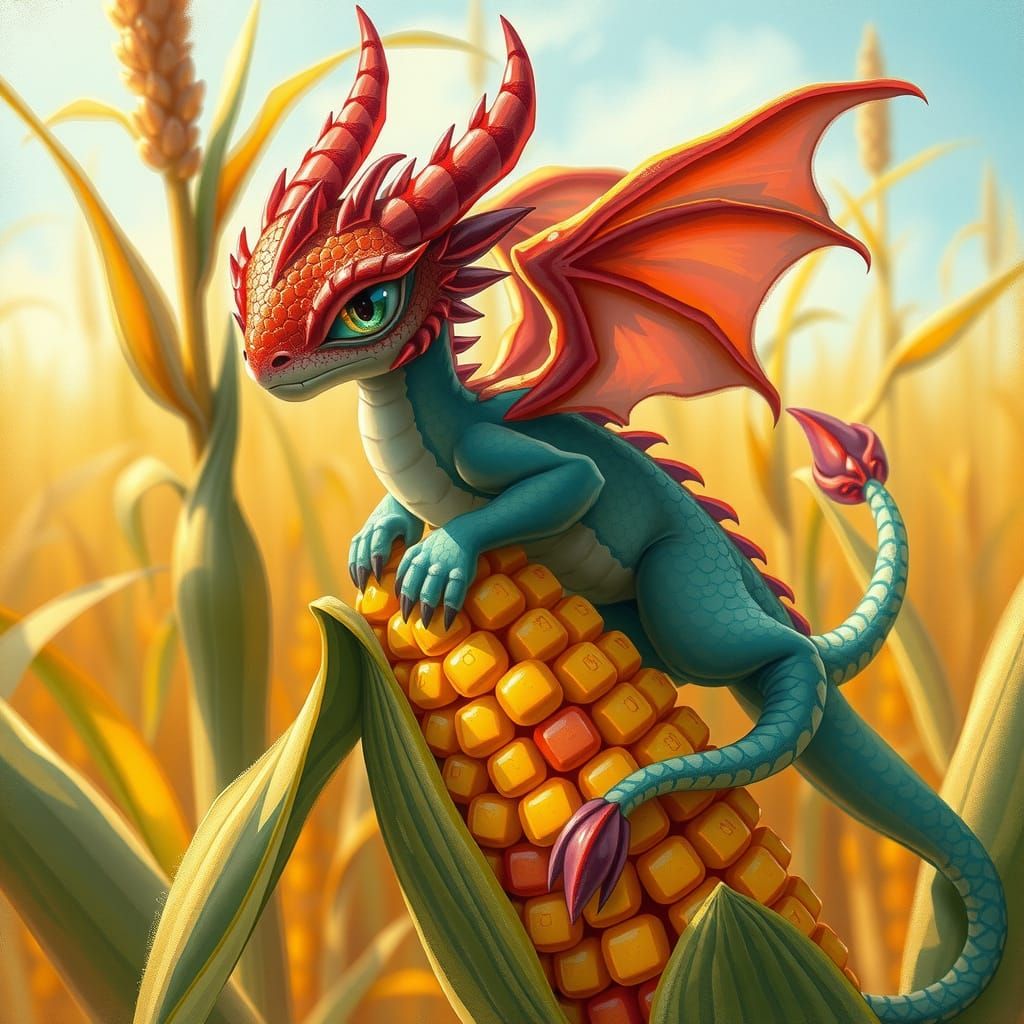 Whimsical Dragon Embarks on a Sun-Kissed Cornstalk Adventure...