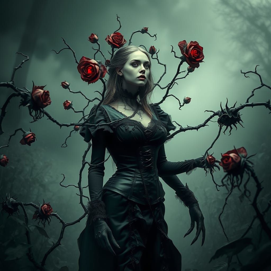 Eldritch Victorian Woman in a Mist-Shrouded Garden