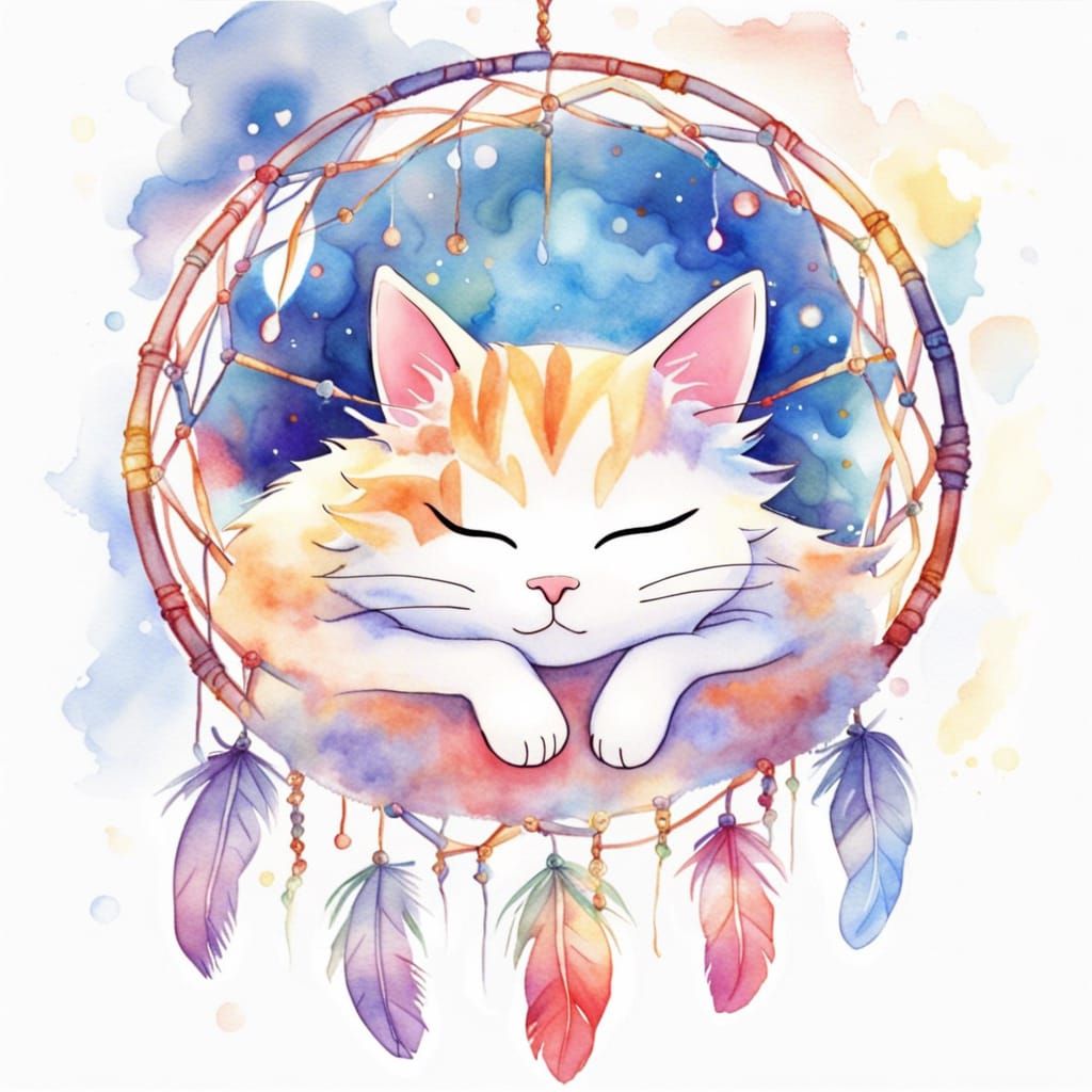 Cat Sleeping in Dreamcatcher Watercolor Illustration
