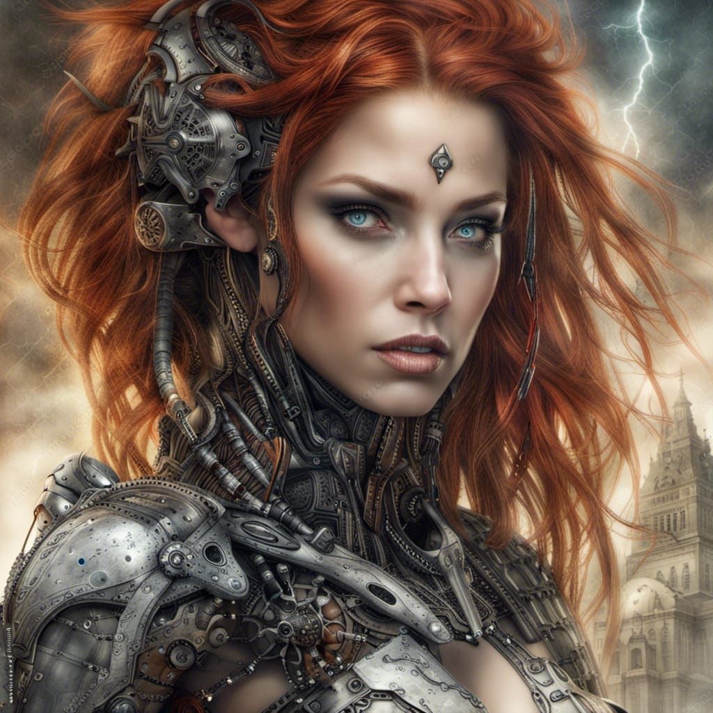 Cyborg Woman with Auburn Hair, Digital Matte Painting