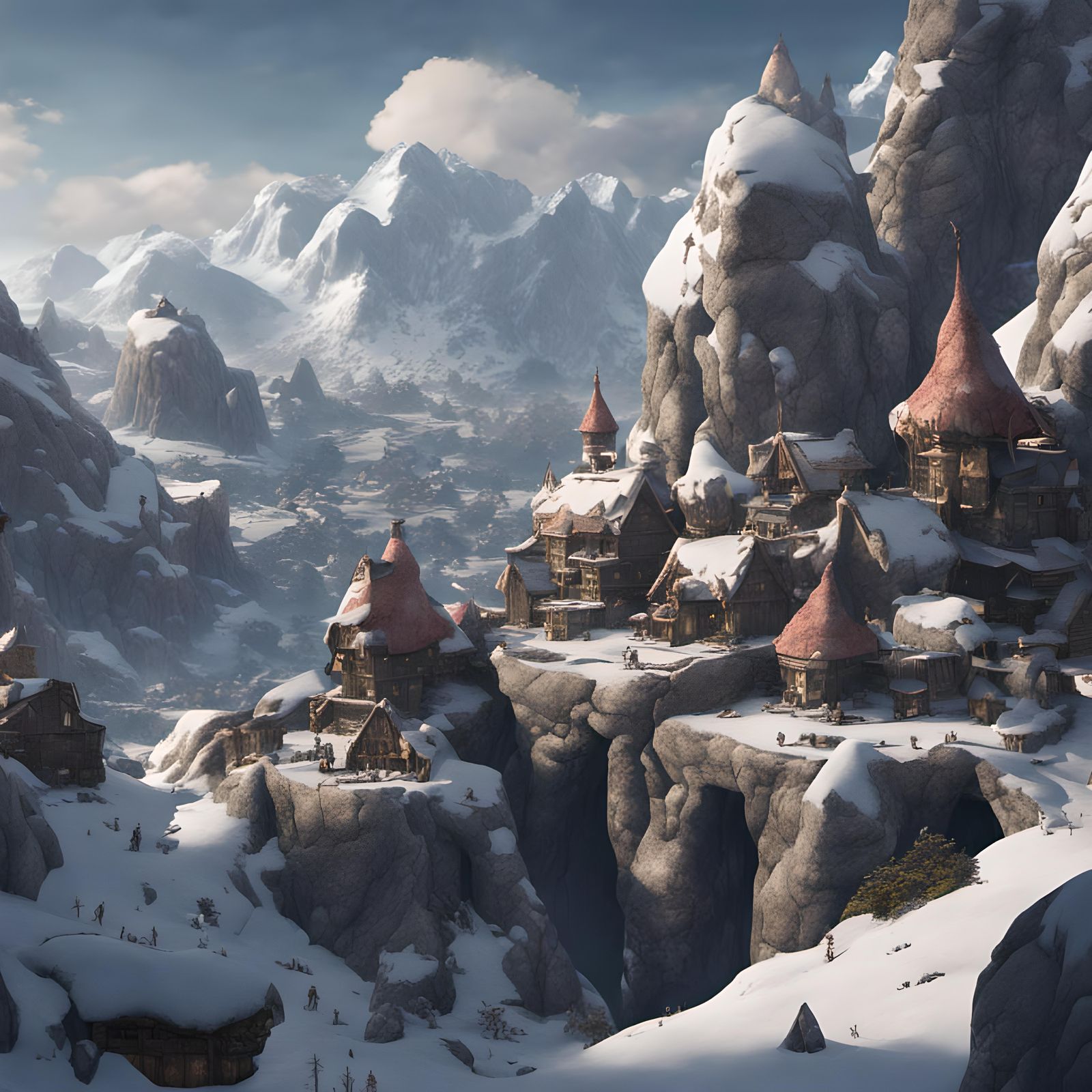 Ogre Village in Snowy Mountains: Fantasy Concept Art
