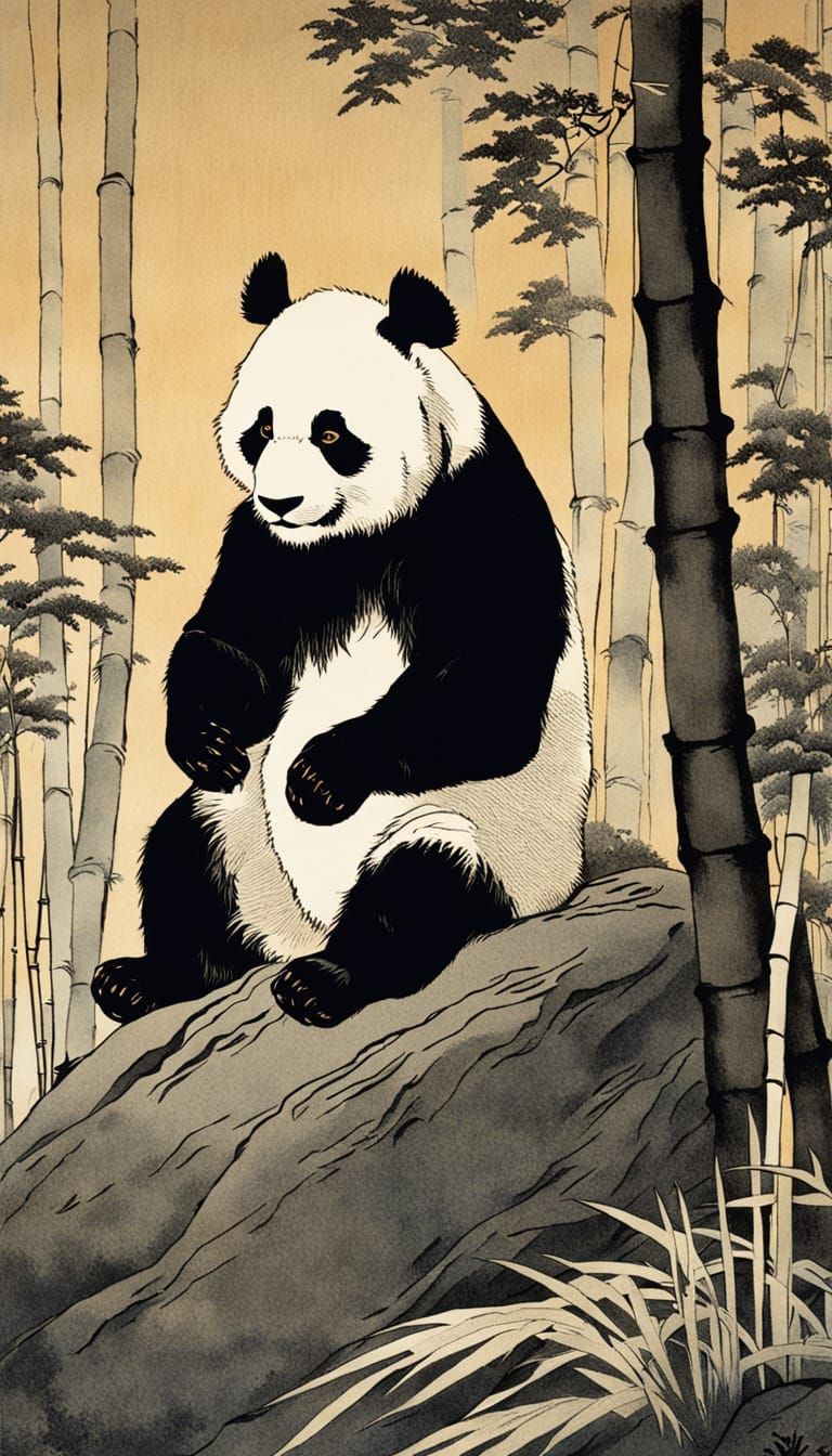 Panda in Bamboo Forest, Ukiyo-e Style