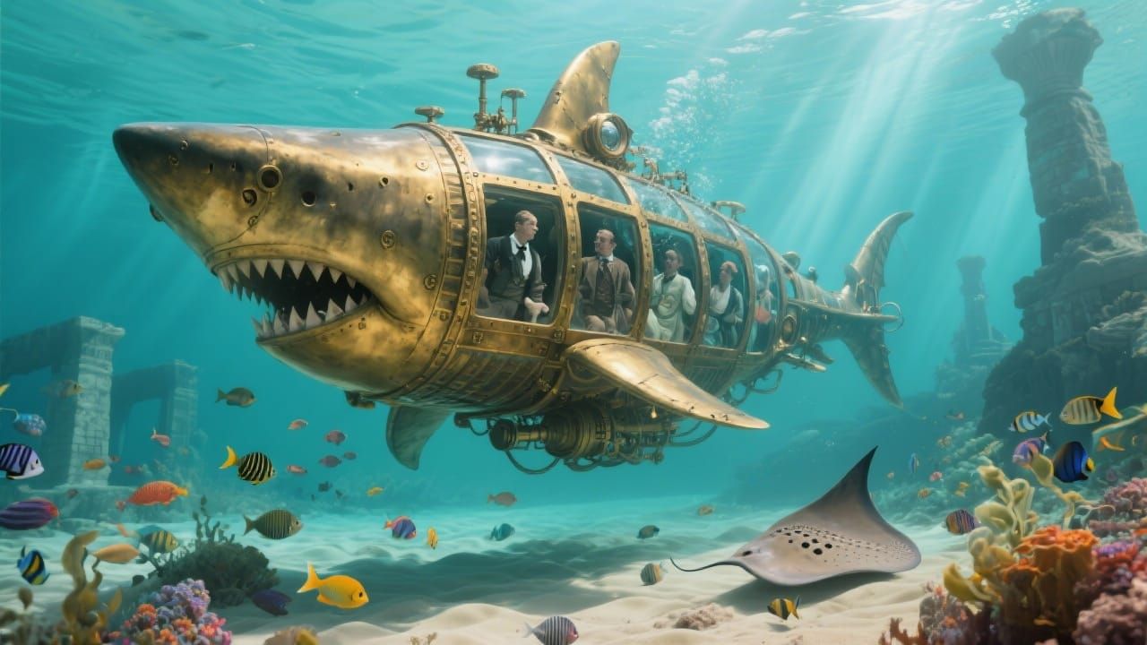 Steampunk Shark Submarine Exploring Egyptian Ruins