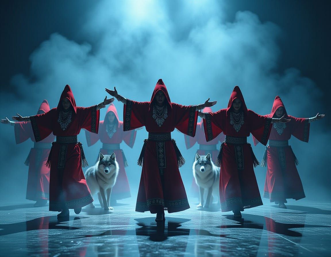 Tribal Dance with Wolves: A Darkly Detailed Painting