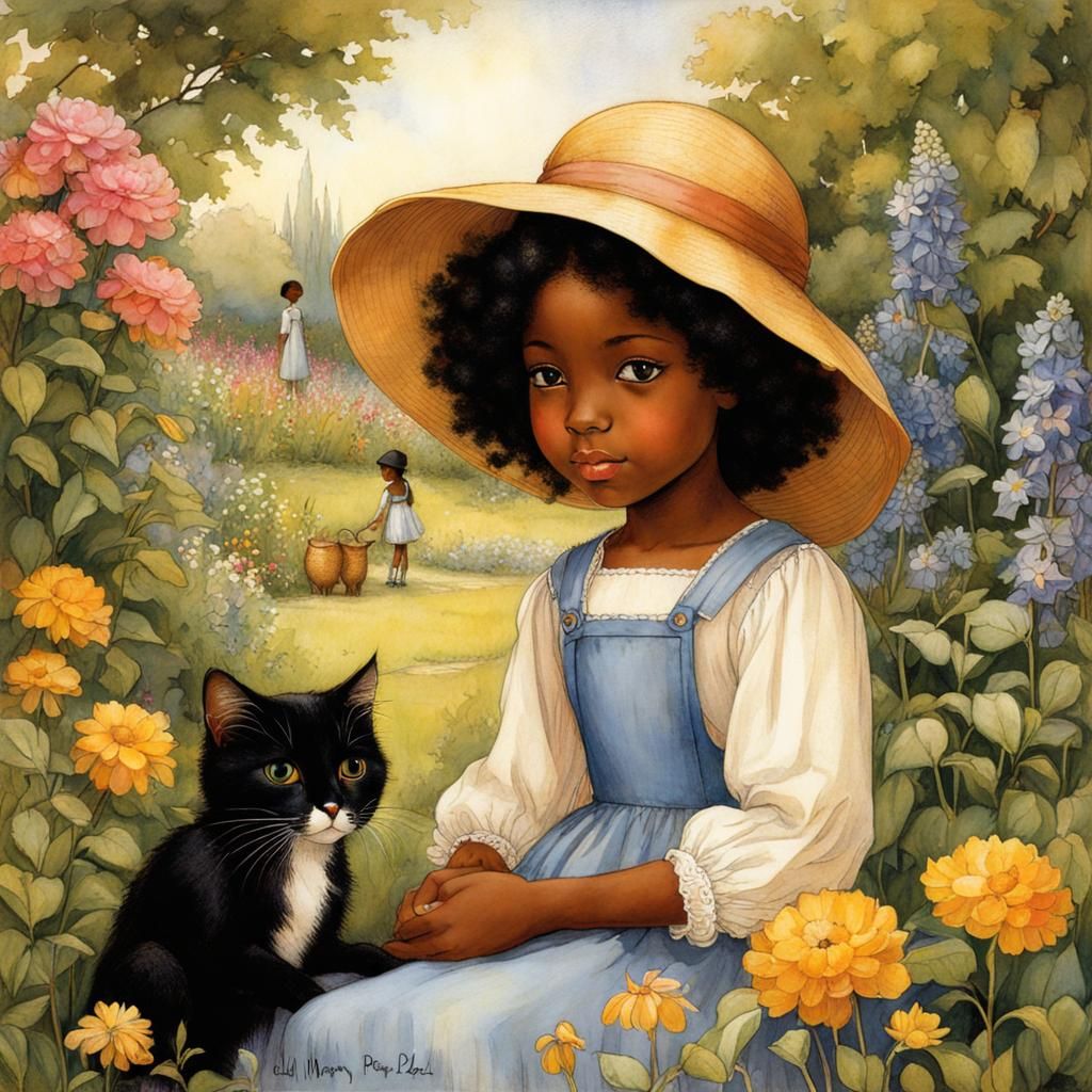 Girl and Cat in Garden, Children's Illustration Style