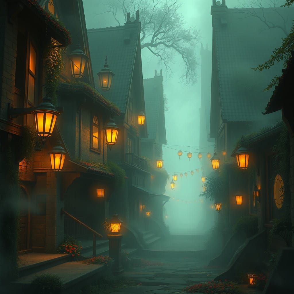 Ethereal Village Street Scene in Fantasy Concept Art Style