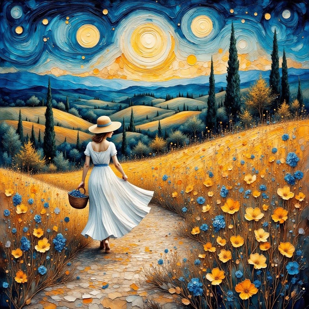 Tuscan Hills Under Swirling Twilight, in Impasto Style