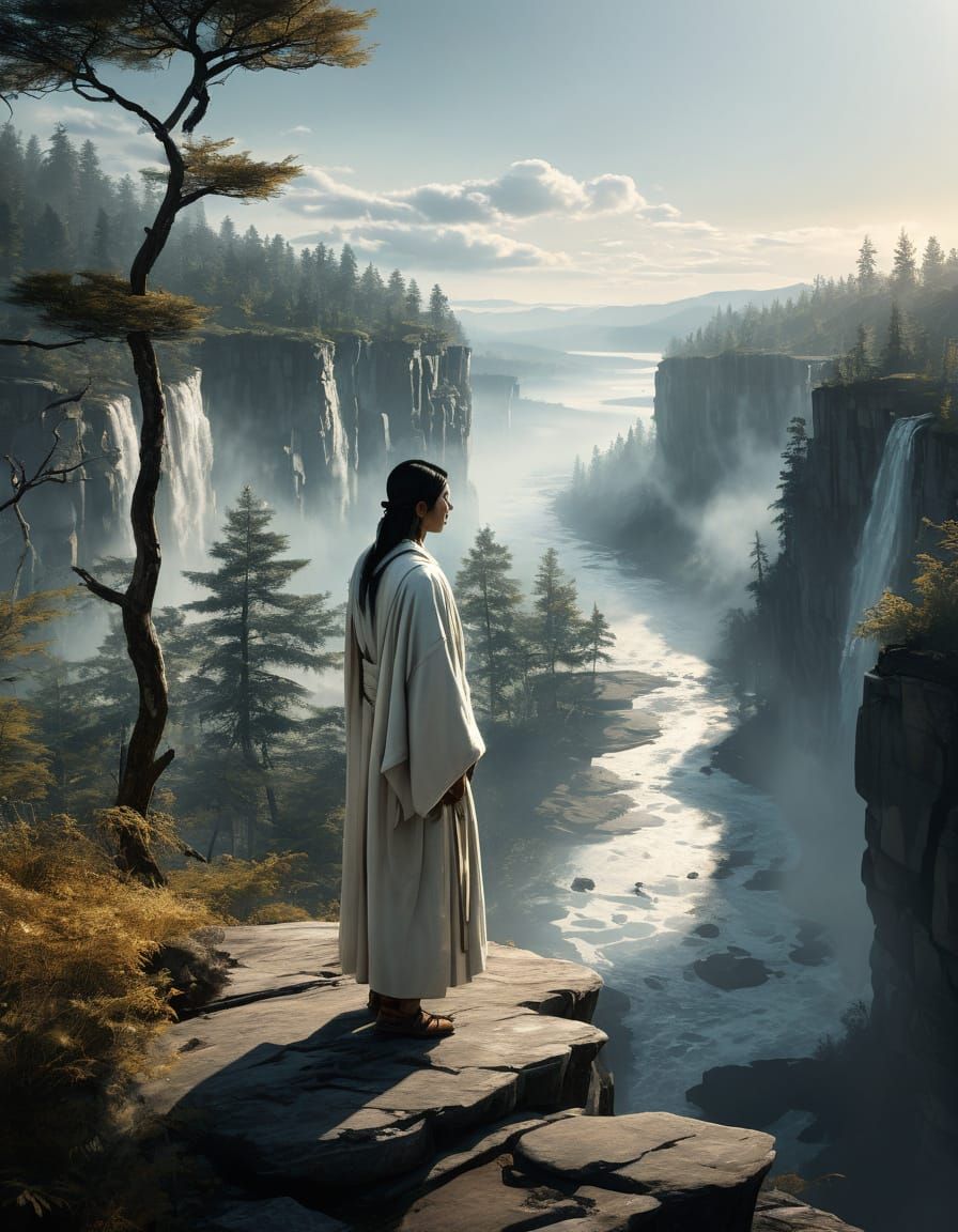 Young Shaman in Golden Hour Taiga Landscape