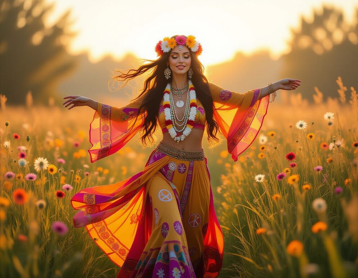 Hippie Elf Woman Dancing in Ethereal Sunset Light