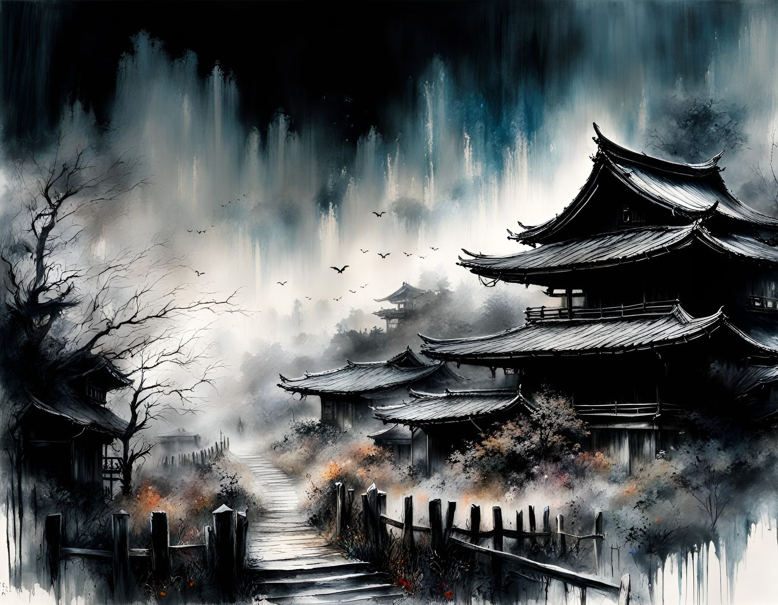 Spooky Haunted Japanese Village in Ink