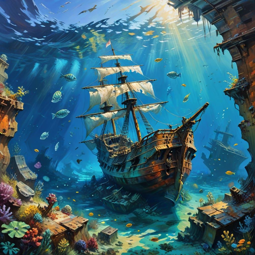 Underwater Galleon Shipwreck as Impressionist Painting