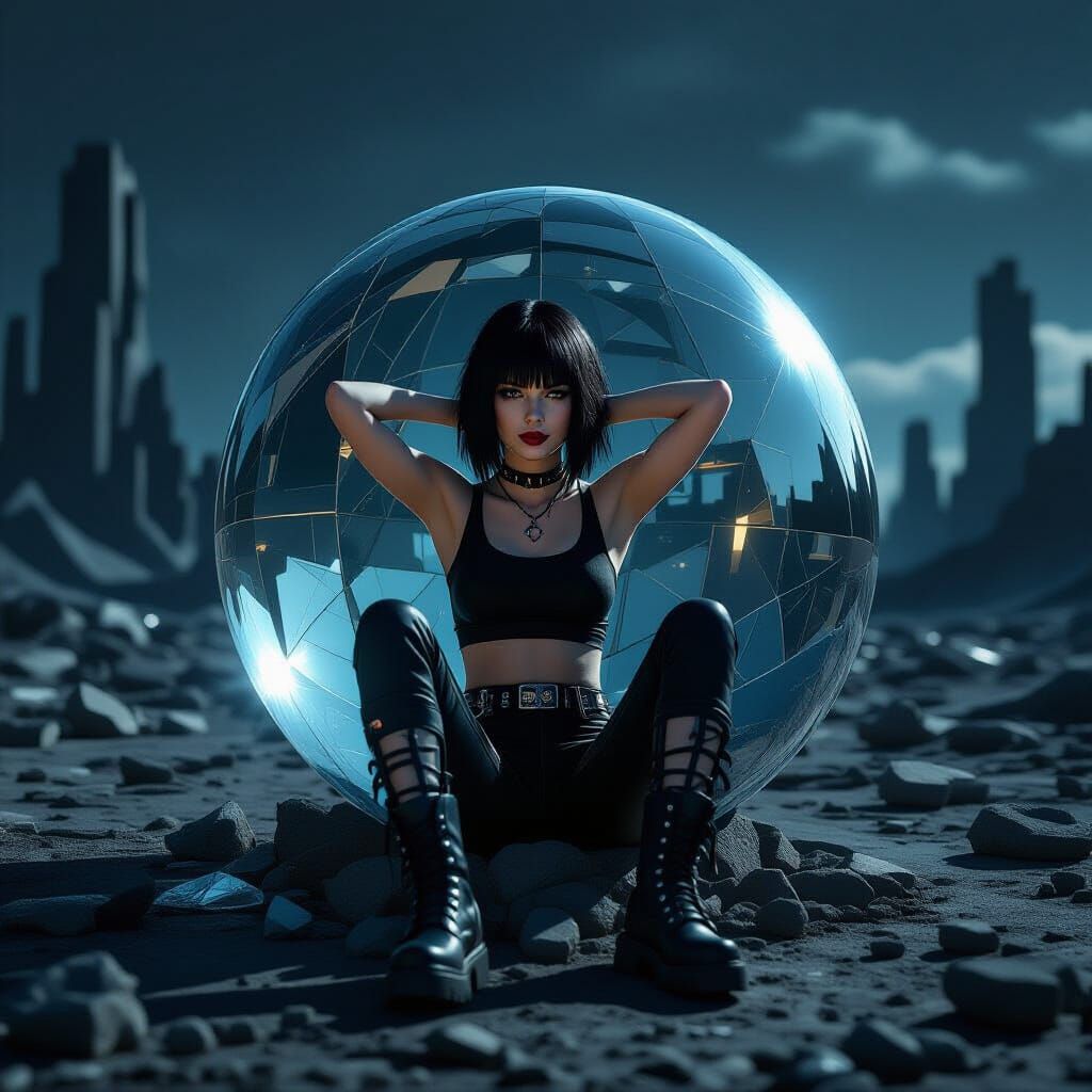 Androgynous Figure in Crystal Ball Amidst Futuristic Ruins