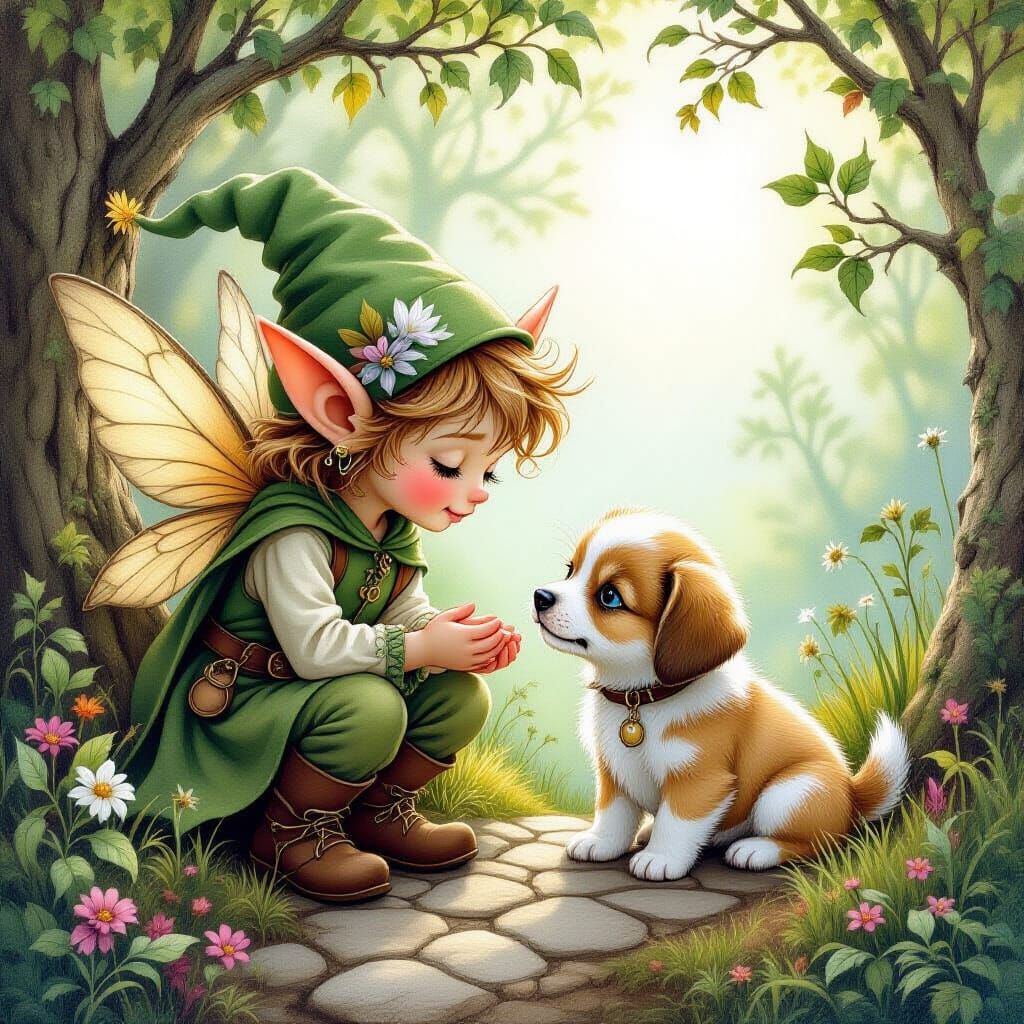 Elf Guides Puppy Home in Whimsical Fantasy Art