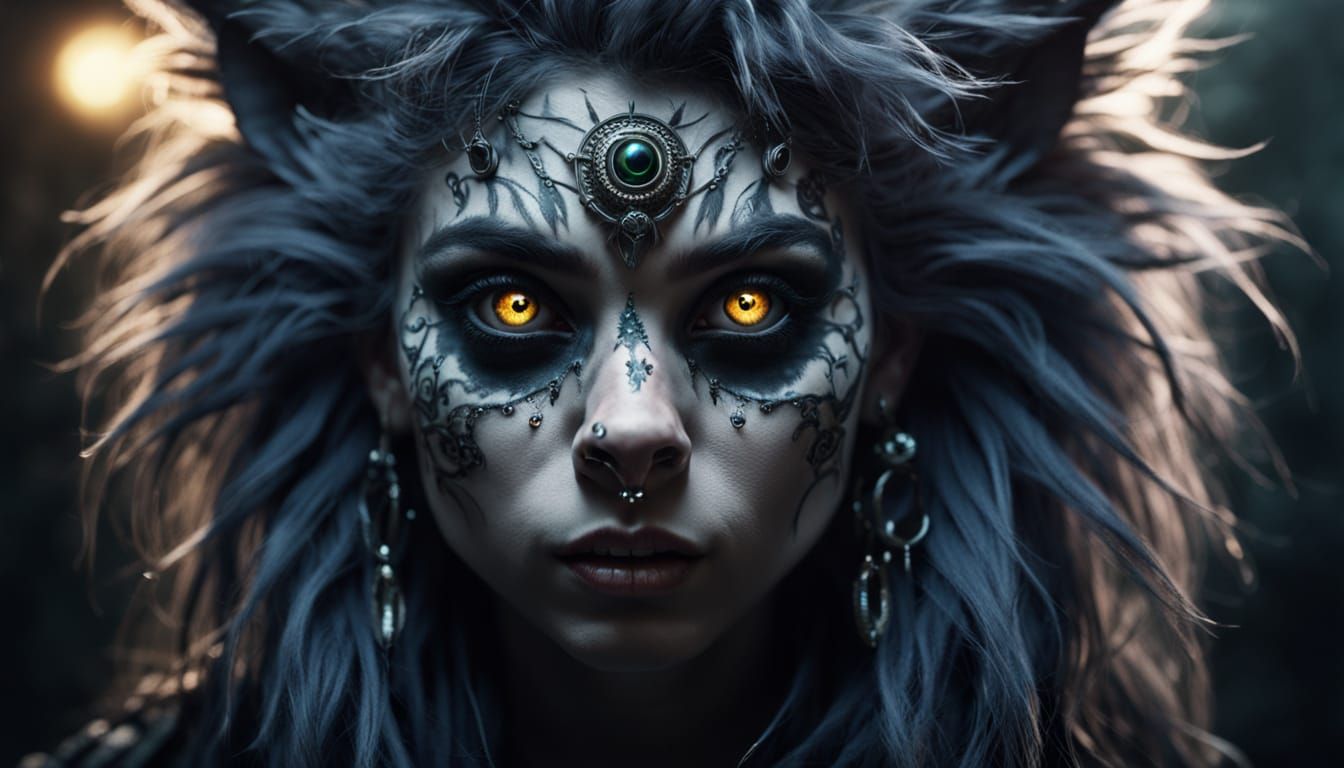 Ethereal Fantasy Wolf-Woman Portrait in Alt-Punk Style