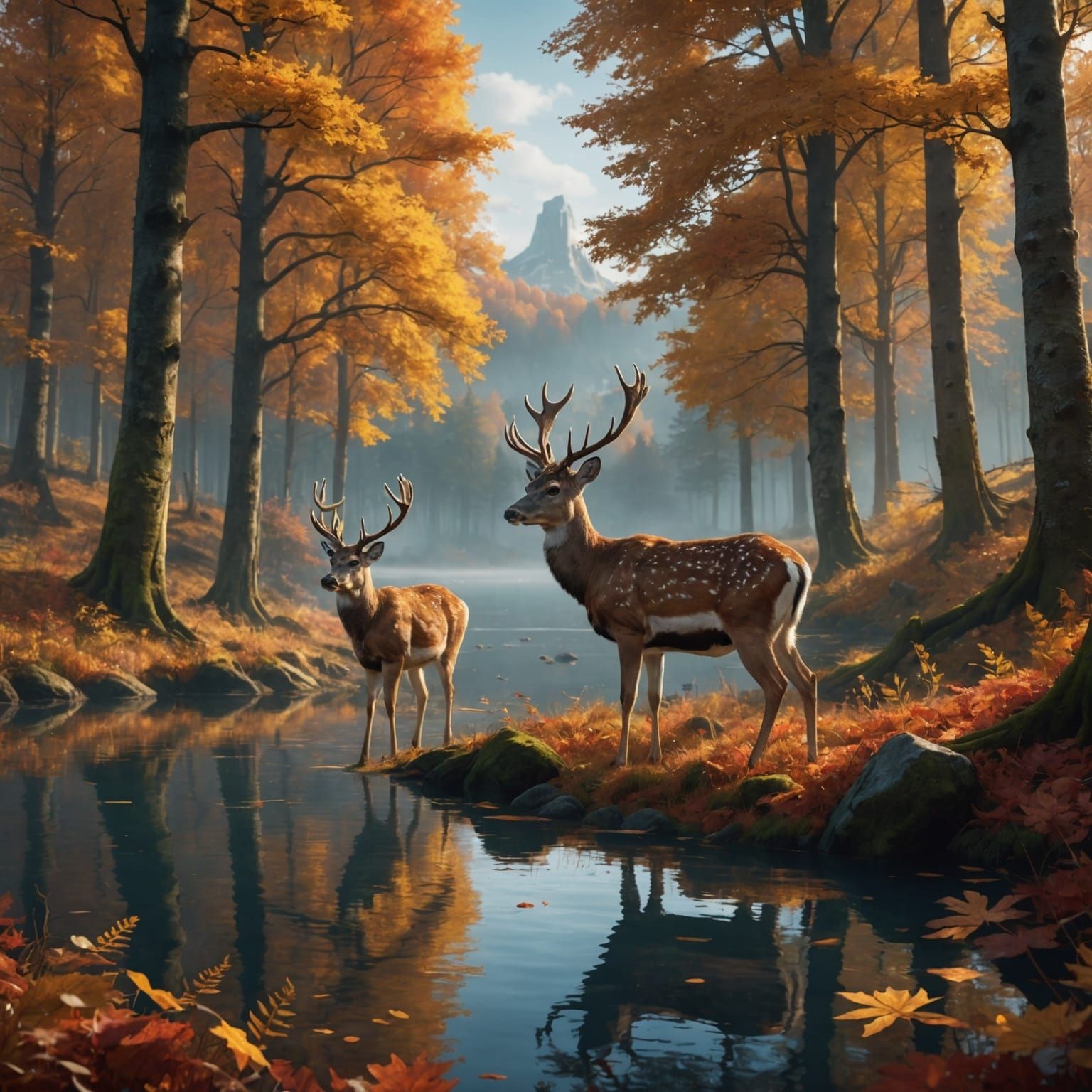 Fallow Deer in Autumn Forest Lake: Fantasy Art