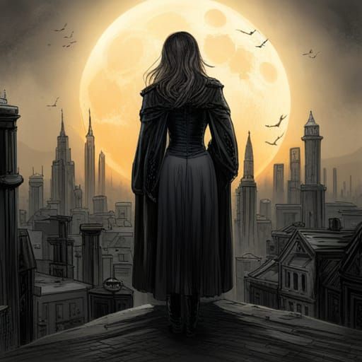 Selene in Gothic Urban City: Horror Art