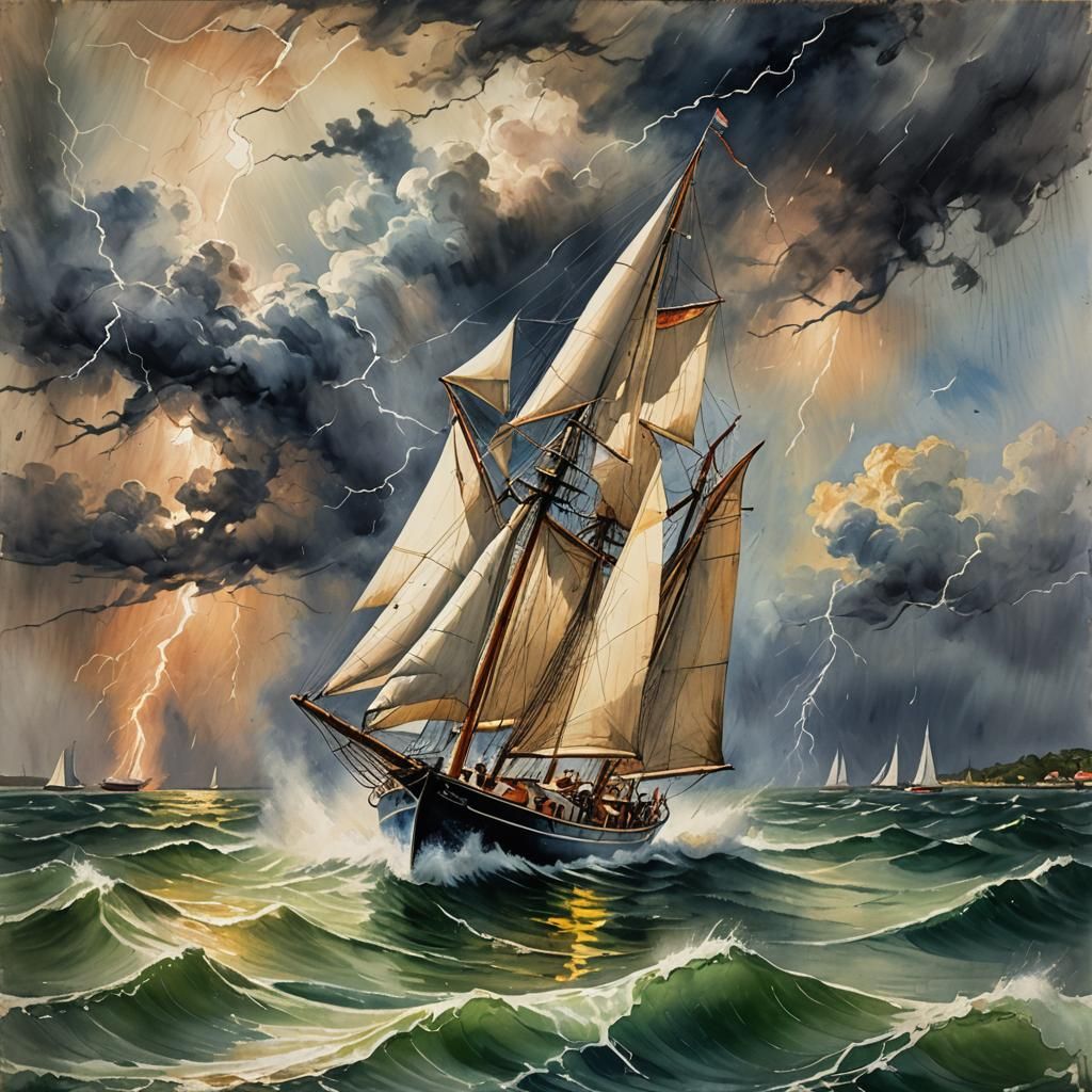 Sailboat Battles Lightning Storm: Gouache Impressionist Seas...