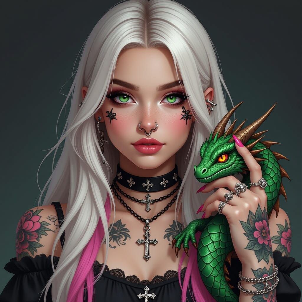 Gothic Girl with Dragon in Digital Art Style