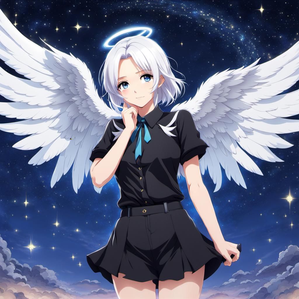 Anime Angel with White Hair in Starry Night