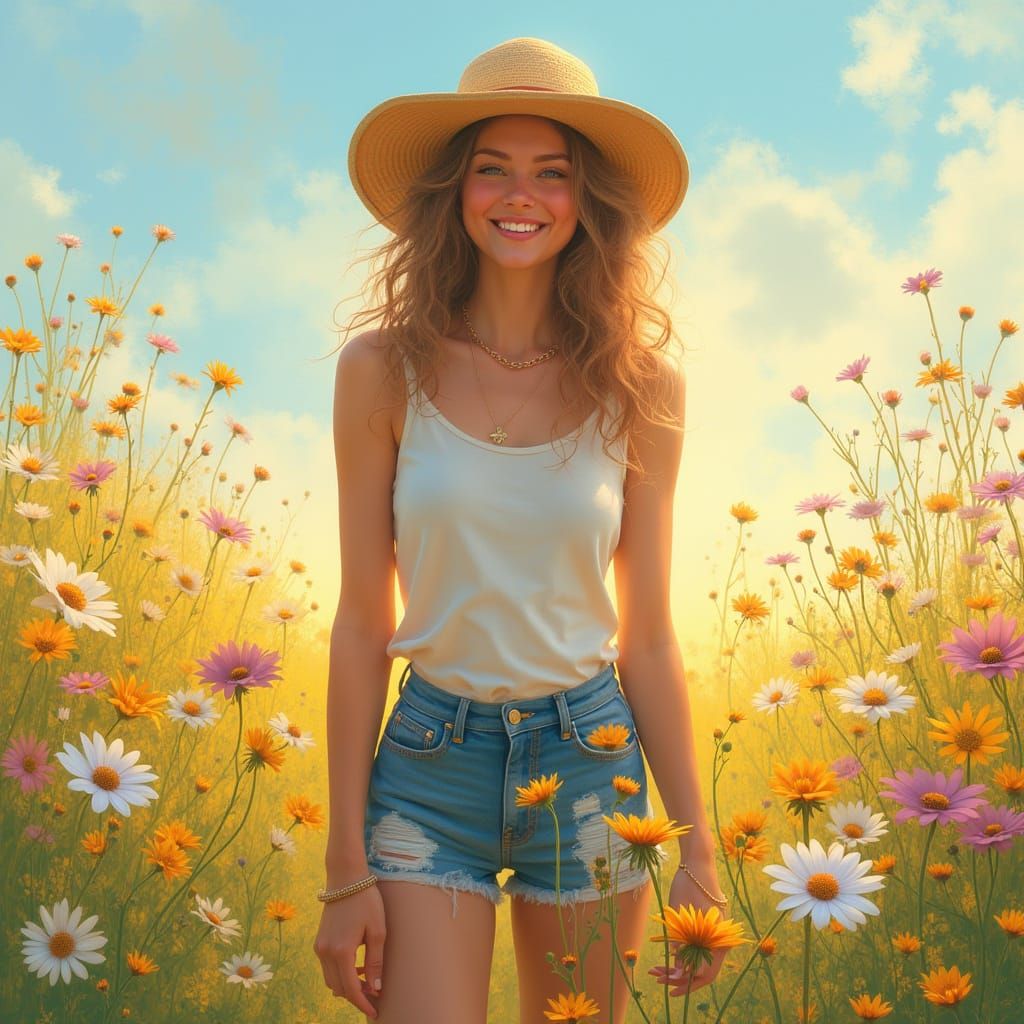 Surreal Airbrush Art of Happy Woman in Sunny Meadow