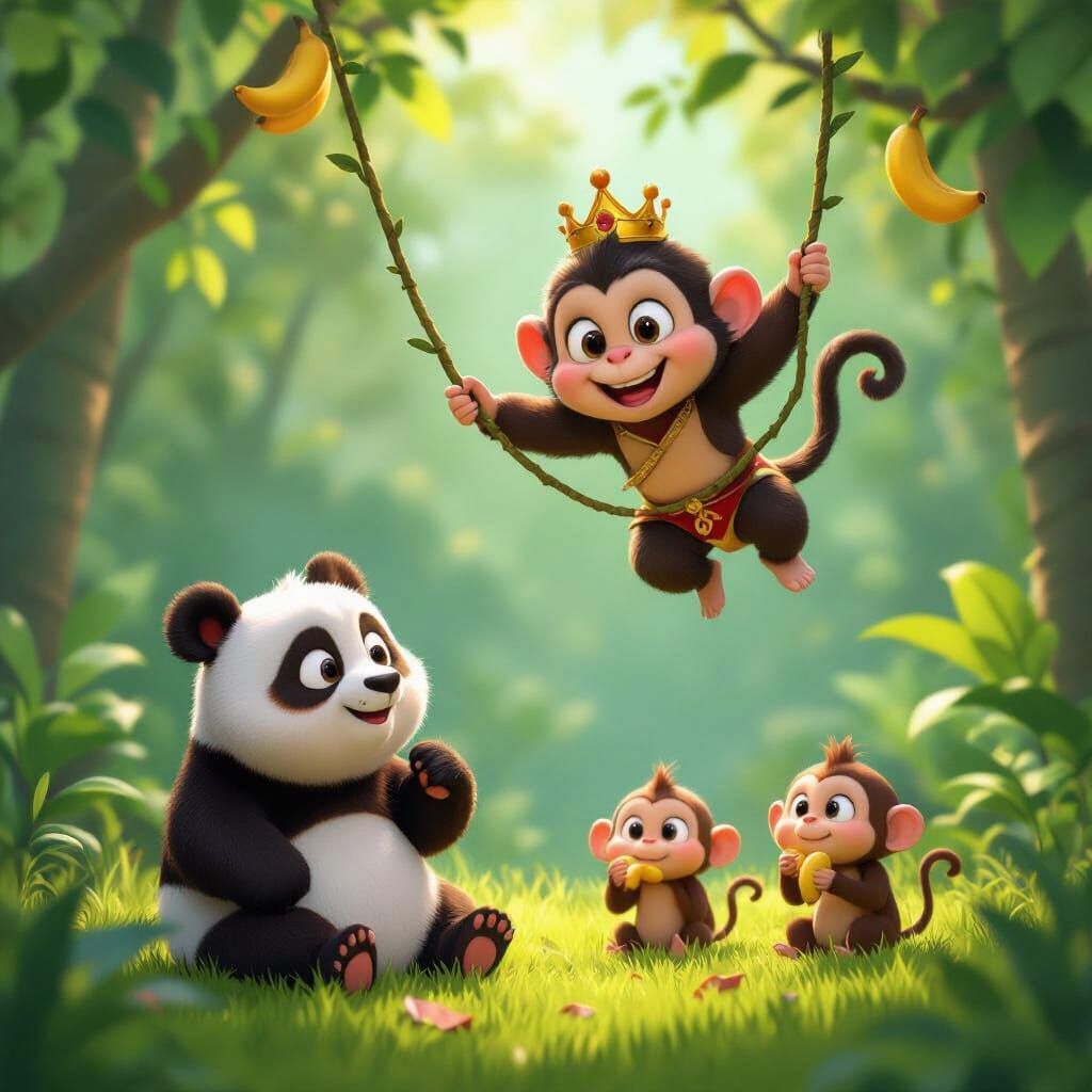 Panda Watches Monkey King Swing in Vibrant Jungle