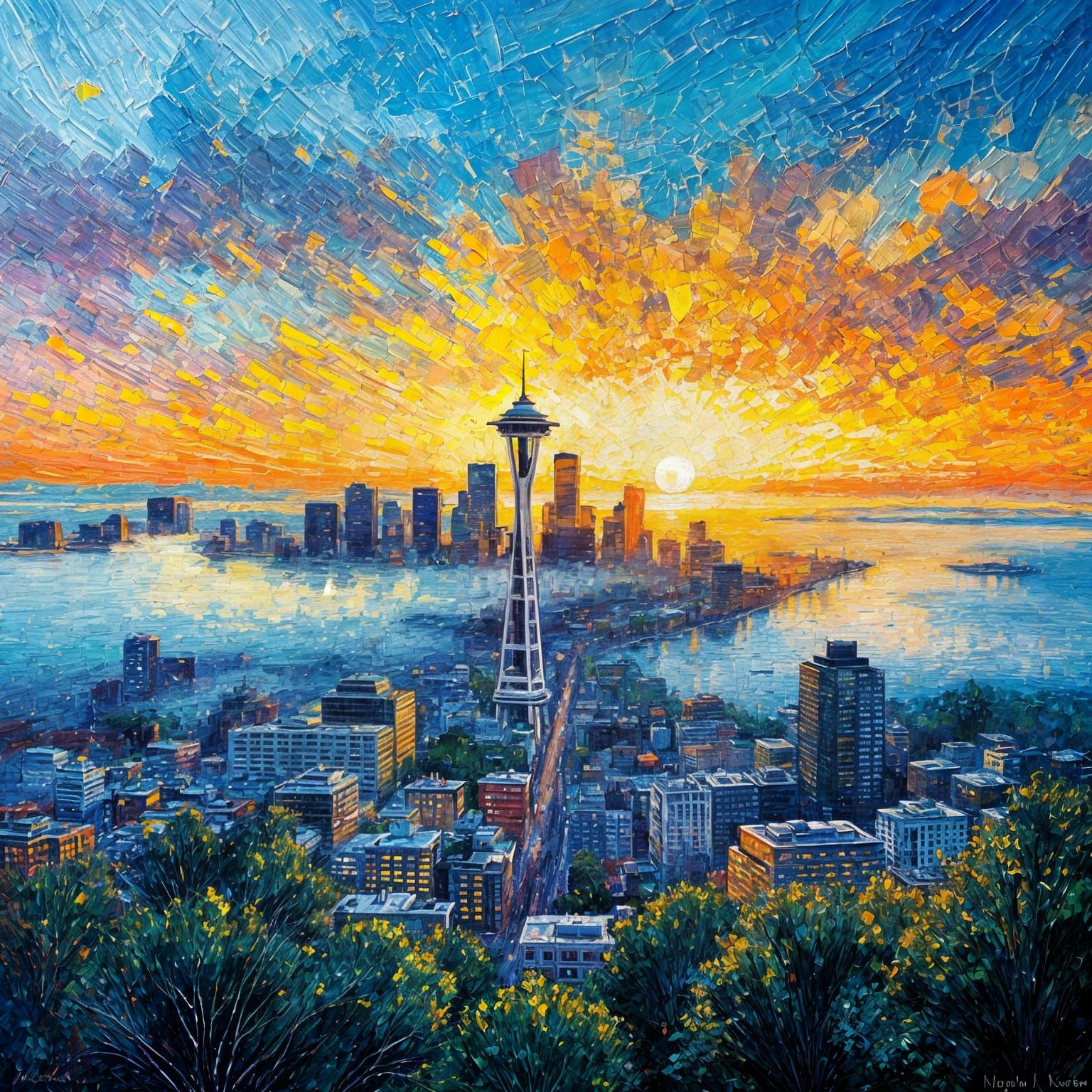 City of Seattle at Sunrise in Vibrant Neo-Impressionist Styl...