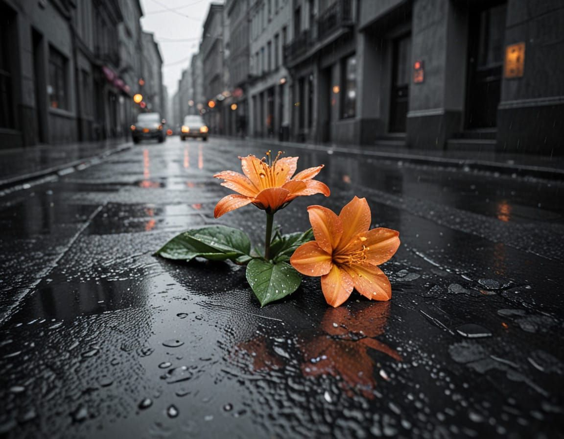 Vibrant Flowers Shine in Rainy Street Scene