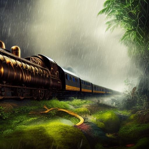 Steampunk Train Journey Through Jungle in Heavy Rain