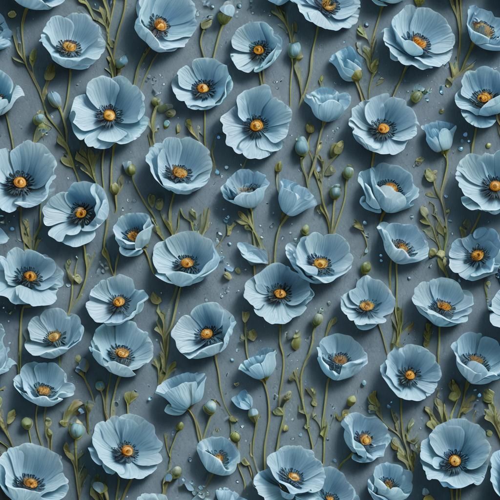 Digital Seamless Paper, Numerous Small 3d Light Blue Poppy Flowers with large dew drops on petals,  3d Slate Blue Linen ...