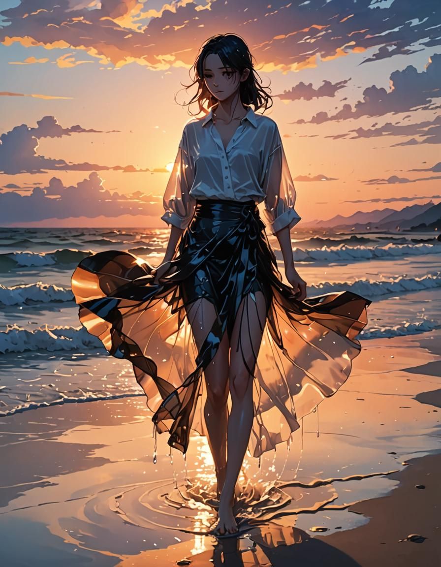Anime Silhouette of Woman on Beach at Sunset