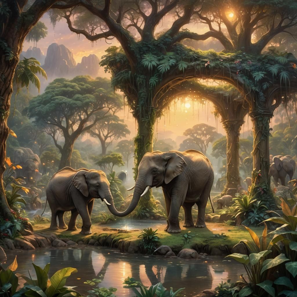 Elephant Digs Well in Fantasy Jungle, Kinkade Style
