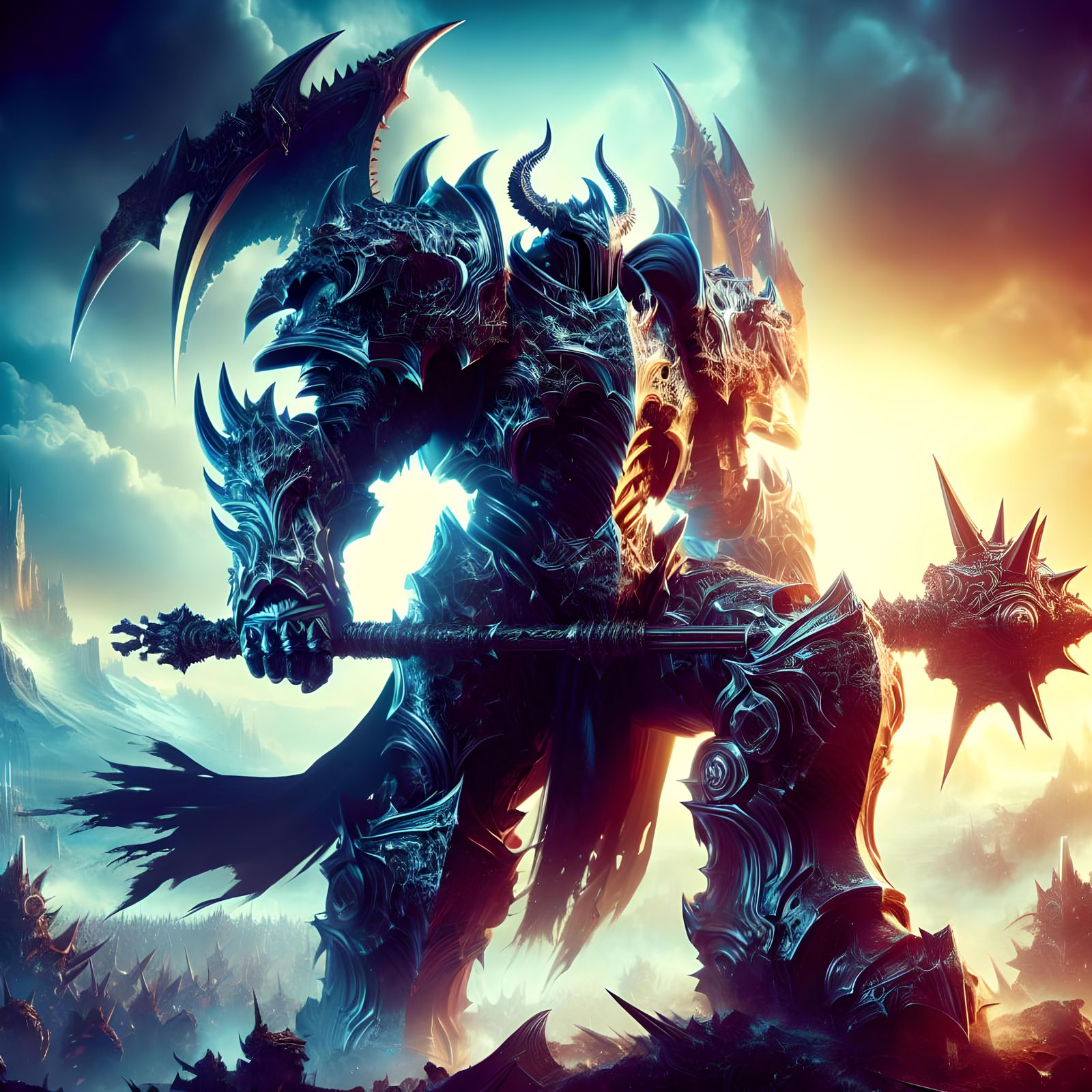 Imposing Armored Figure in a Fantasy Battlefield