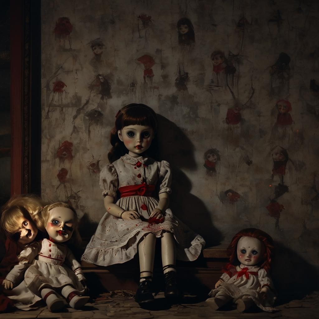 a haunted doll there with red eyes, at night, fearful , near...